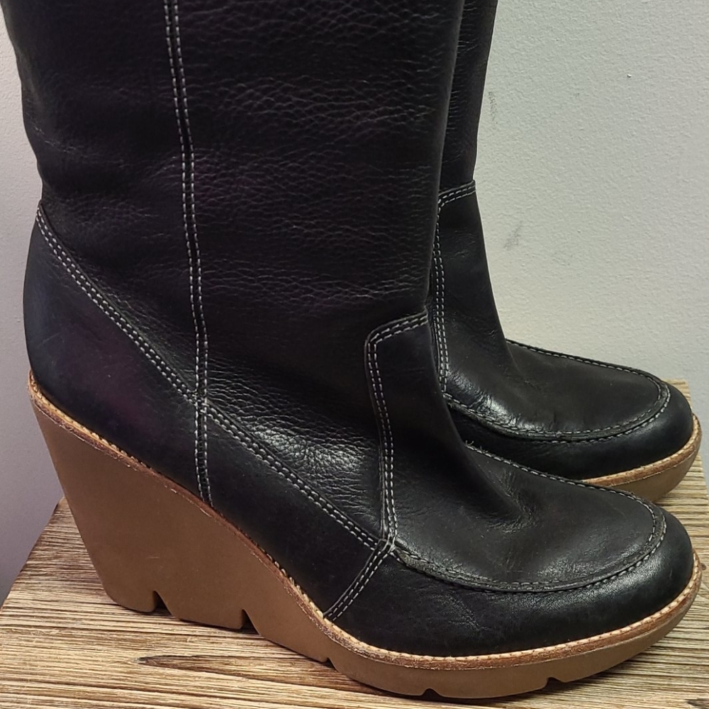 KORS Michael Kors Black Leather Wedge Boots 10 - Picture 6 of 14